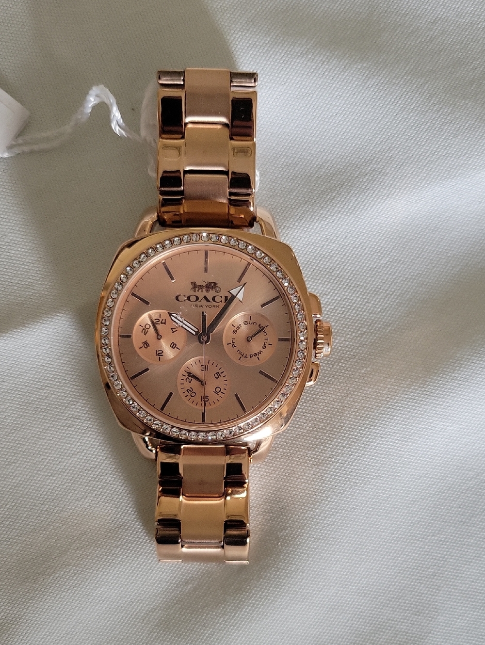 COACH Rose Gold-Tone Crystal Bezel Chronograph Bracelet Watch